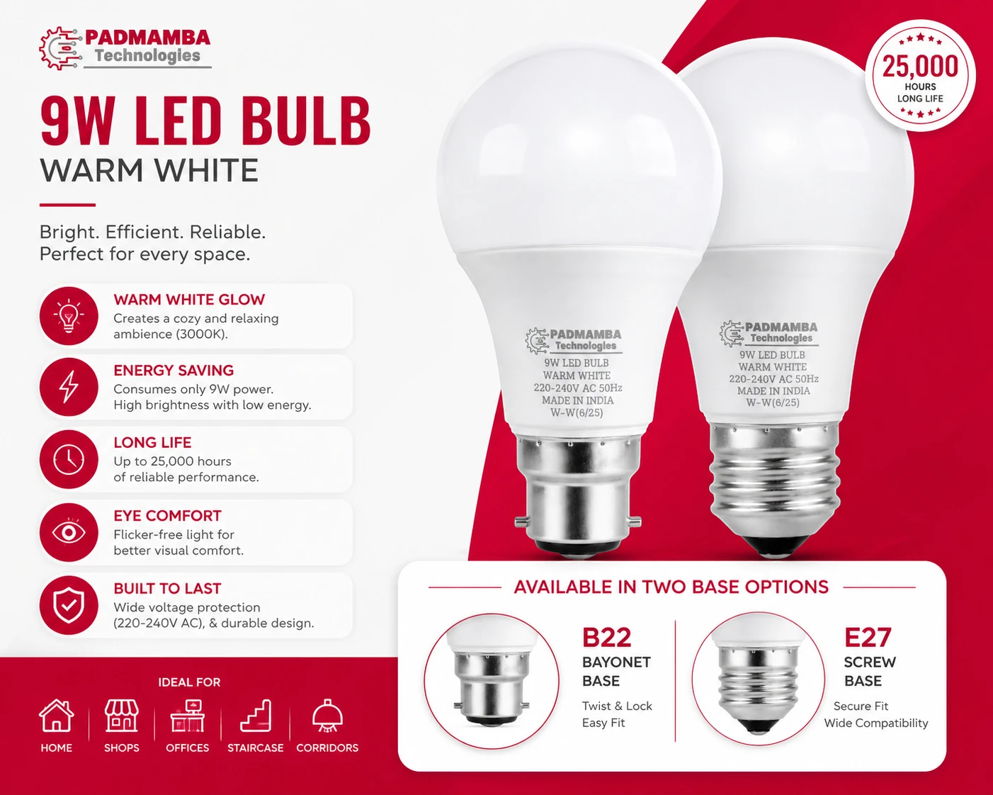 PADMAMBA Technologies 9W Warm White LED Bulb 5