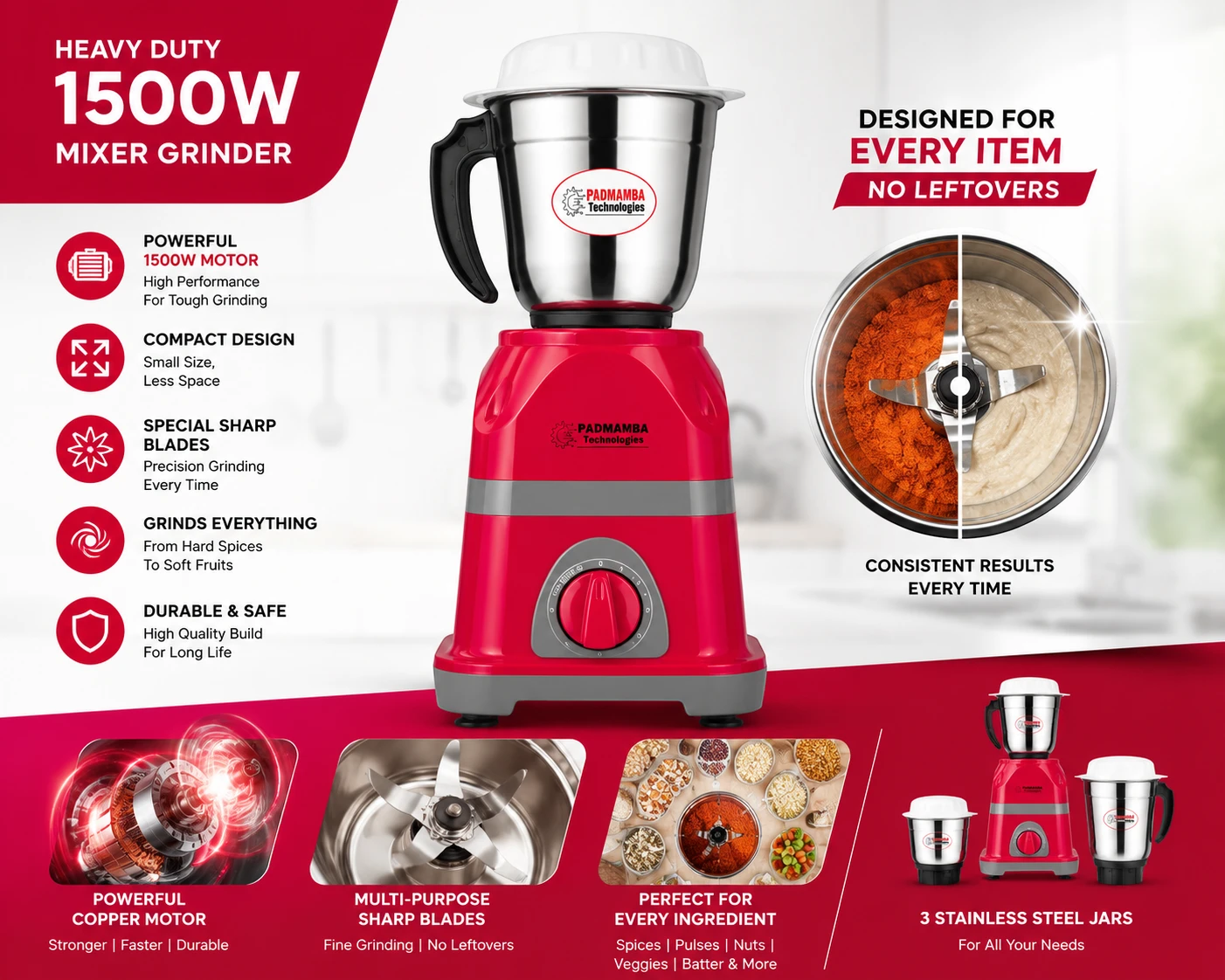 Padmamba Titan 1500W Heavy Duty Mixer Grinder 6