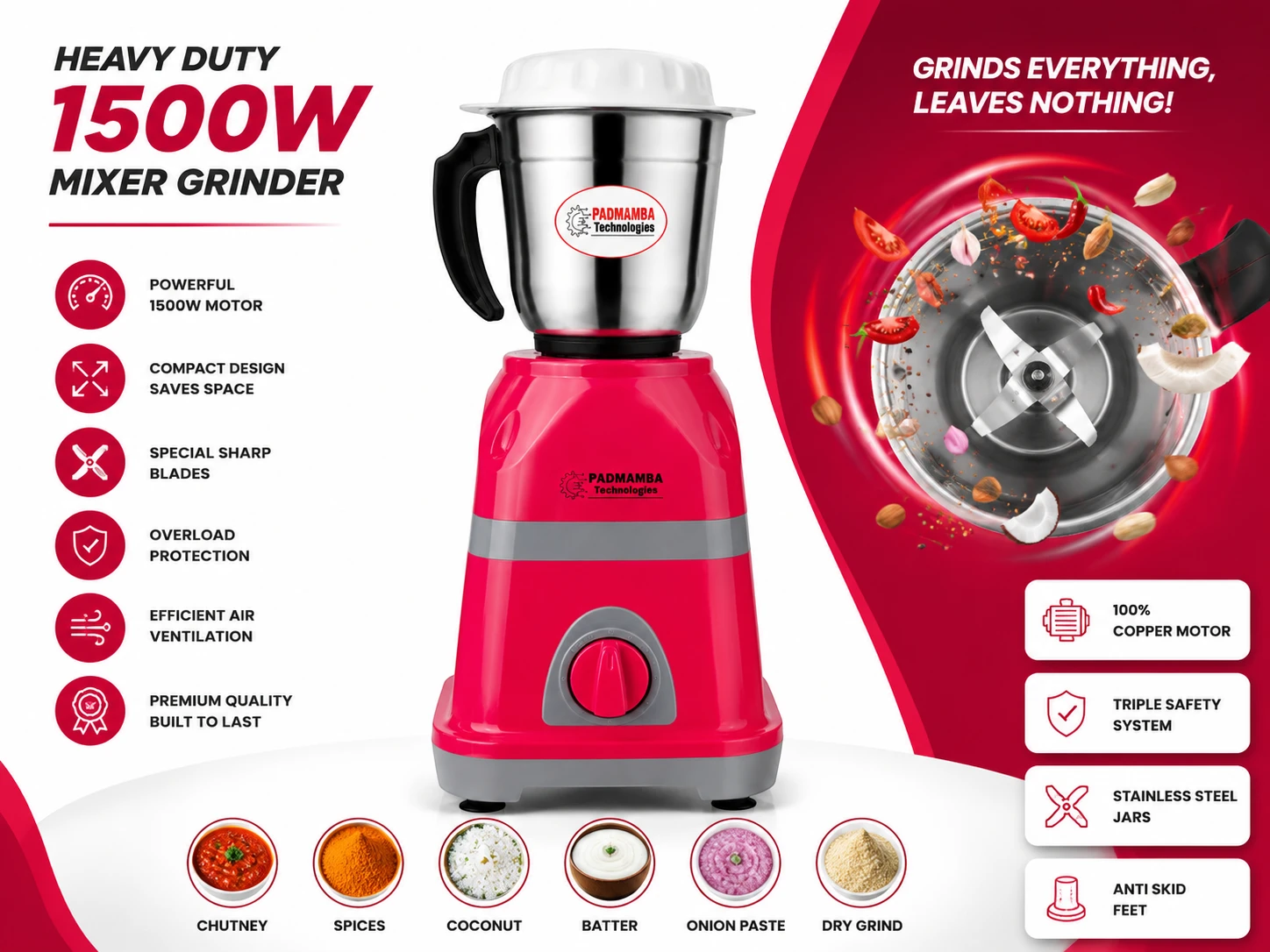 Padmamba Titan 1500W Heavy Duty Mixer Grinder 8