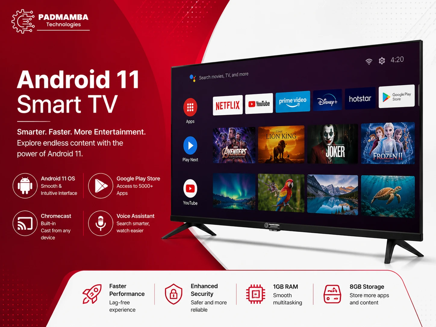 Padmamba Technologies LE32PTS8FL 32" 4K Android Smart LED TV 5