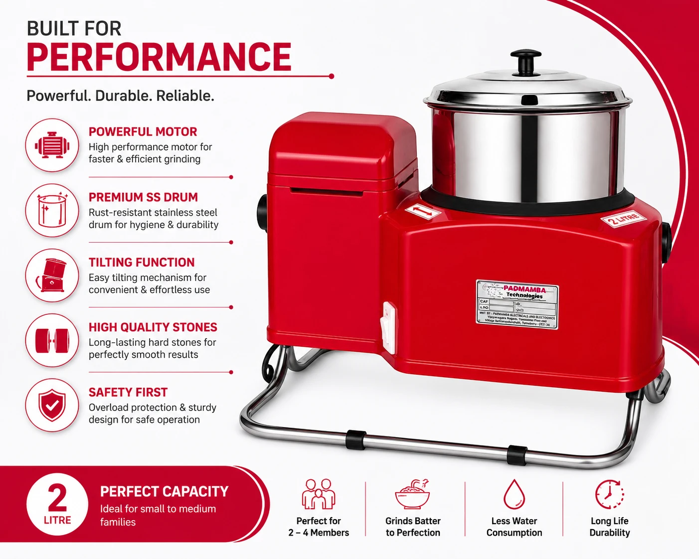 Padmamba Technologies 2 Litre Tilting Wet Grinder 5