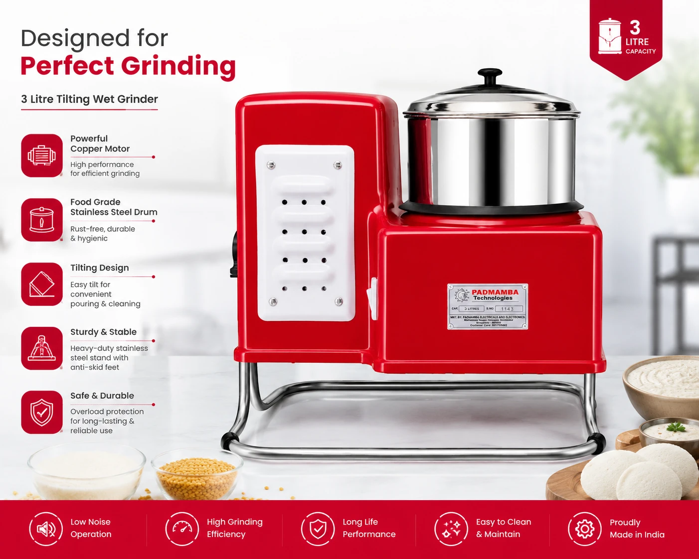 Padmamba Technologies 3 Litre Tilting Wet Grinder 3